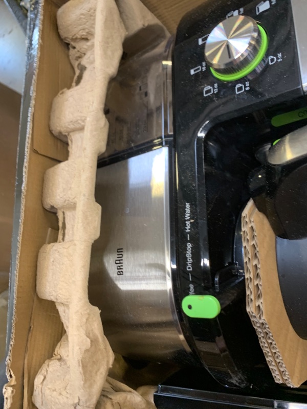 Photo 7 of Braun MultiServe Coffee Machine 7 Programmable Brew Sizes / 3 Strengths + Iced Coffee & Hot Water for Tea, Glass Carafe (10-Cup), Stainless/Black, KF9150BK KF9150BK Black --- Box Packaging Damaged, Moderate Use, Scratches and Scuffs on Metal and Plastic, 