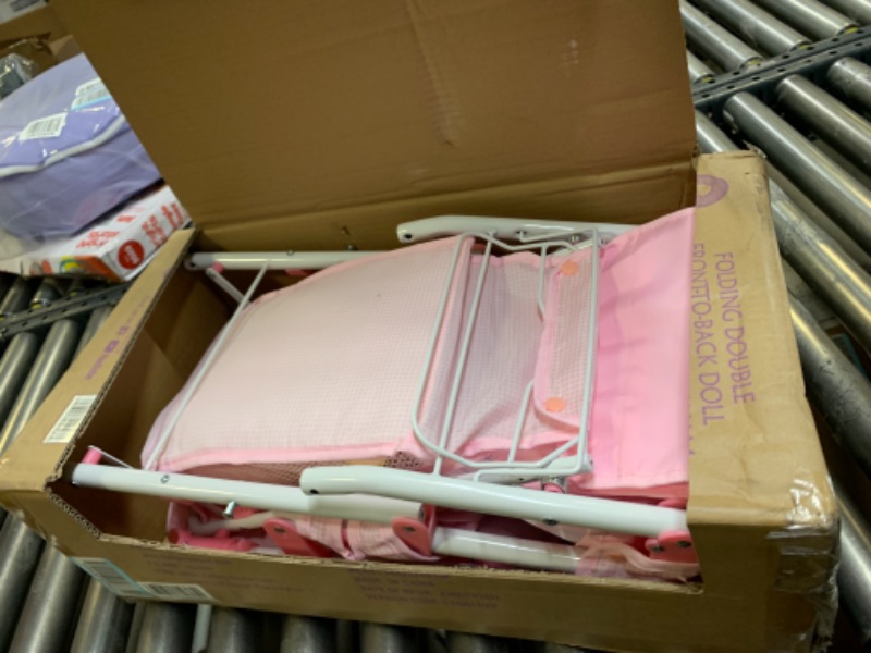 Photo 3 of badger basket folding double front-to-back doll stroller (fits american girl dolls), pink/white --- Box Packaging Damaged, Moderate Use, Scratches and Scuffs on Plastic
