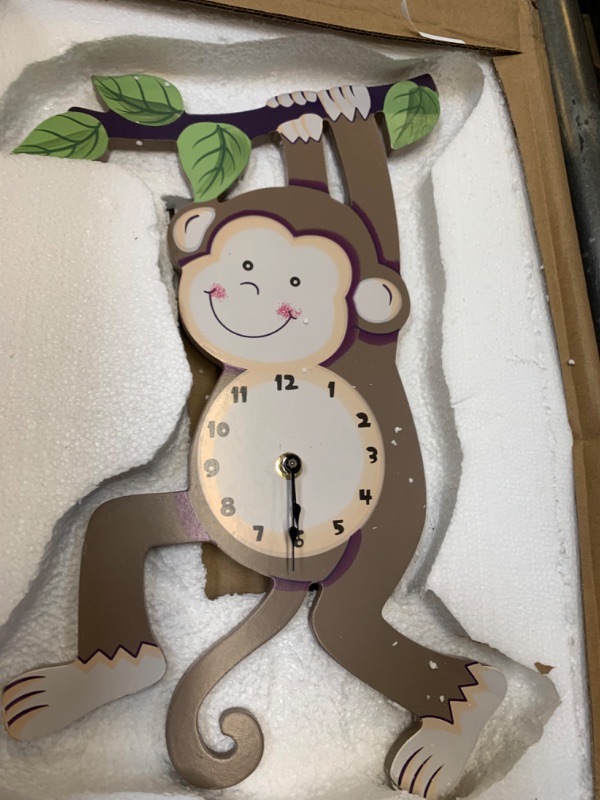 Photo 4 of Fantasy Fields Kids Sunny Safari Nursery Clock, Decorative Silent Non-Ticking Kids Wall Clock for Classrooms, Kids Bedrooms, & Playrooms, Monkey Wall Decor, Brown --- Box Packaging Damaged, Item is New

