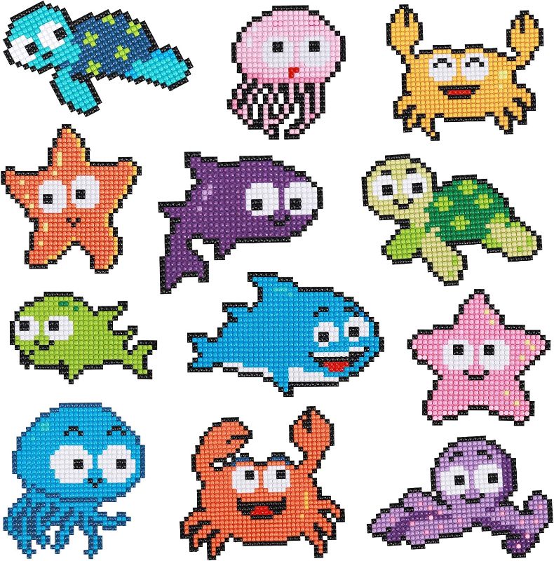 Photo 1 of 12 Pieces Ocean Animals Diamond Painting Stickers DIY Kits for Kids, 5D Diamond Art Mosaic Stickers by Numbers Kits Crafts Set for Children, Boys and Girls (Sea Animals)