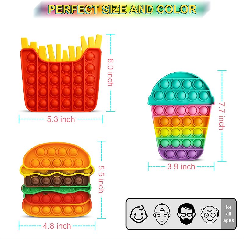 Photo 1 of 3Pcs Push Bubbles Fidgets Sensory Toys for Kids Adults Silicone Popper Rainbow Hamburger Stress Relief Toys Christmas Birthday Gift for Girls Autism ADD ADHD, Hamburger Fries Cup