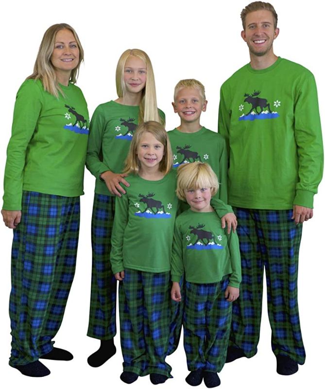 Photo 1 of Mad Dog Concepts Matching Family Green Plaid Moose Christmas Holiday Pajamas Set + Slipper Socks
