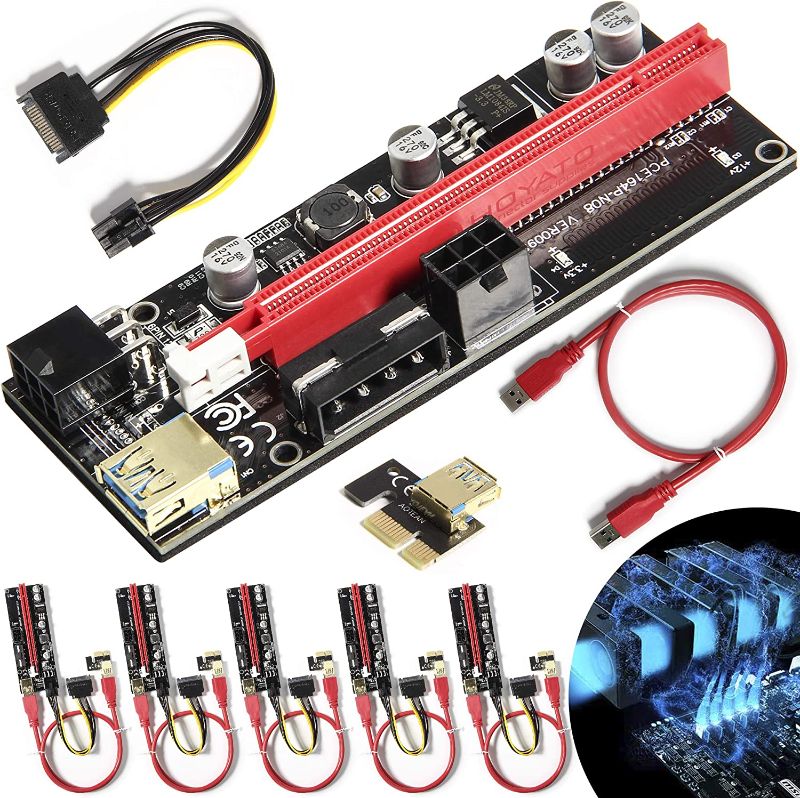 Photo 1 of Newest VER009S PCIE Riser Express Cable 1X to 16X (Dual-6pin / MOLEX) with Led Graphics Extension Ethereum ETH Mining Powered PCI-E Riser Adapter Card, with 24inches USB 3.0 Cable, 6 Pack
