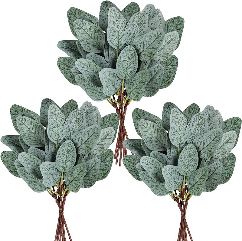 Photo 1 of 18 Pcs Fake Eucalyptus Leaves Stems Bulk Artificial Oval Eucalyptus Leaves Branches in Grey Green for Wedding Holiday Party Greenery Decoration Indoor Floral Vase Bouquets Centerpiece Arrangement
