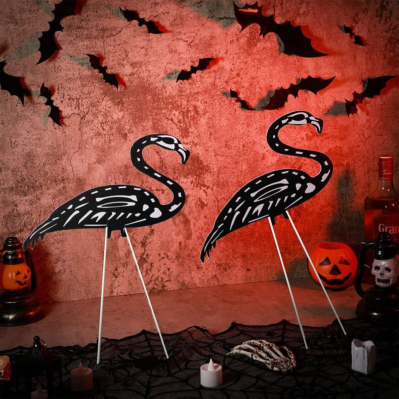 Photo 1 of (2PCK) 4 PiecesBlack Flamingo Skeleton Yard Signs Zombie Flamingos Yard Stakes Skull Flamingo with Stakes Plastic Lawn 