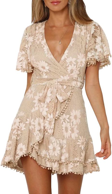 Photo 1 of FARYSAYS Women's Short Sleeve Lace Wrap Mini Dresses with Belt Spring Flowy Floral Deep V Neck Ruffle Bowknot Wedding Dress for Ladies Apricot SIZE XL
