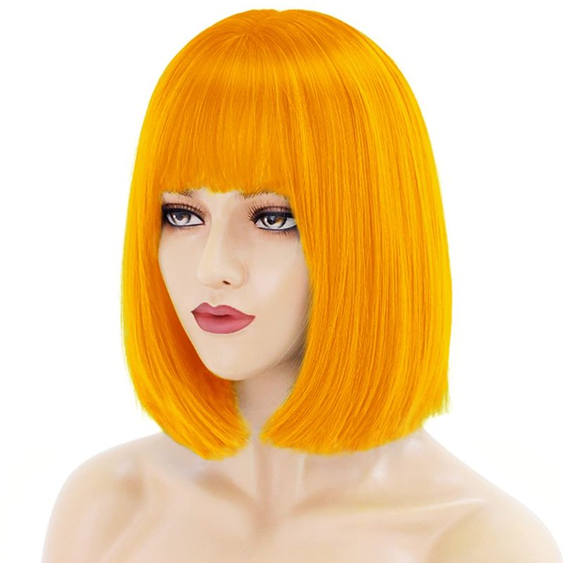 Photo 1 of Akkya Short Bob Wig with Bangs Black Pink Blue Purple Red Green Blonde Orange Brown Yellow Hair Hot Colorful Colored Bob Cut Costume Halloween Wigs for Women Kids
