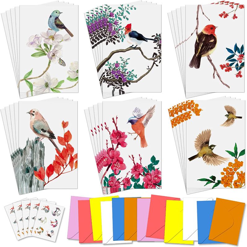 Photo 1 of Paper Master Boxed Birds Greeting Cards, Blank Watercolor Notecards with Envelops and Stickers, 30 Bulk All Occasion Thank You Cards Set 4x6 in
