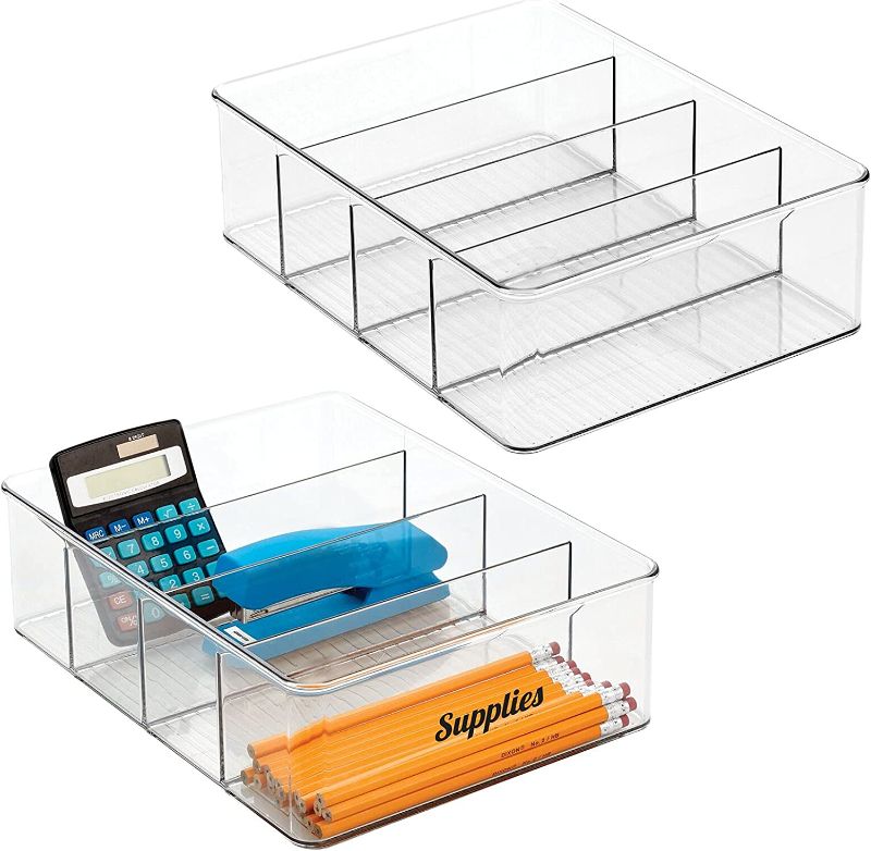 Photo 1 of mDesign Plastic Divided Drawer Organizer Storage Bin for Home Office, Desk Drawer, Shelf, Cabinet - 4 Compartments, 12" Long, 2 Pack + 32 Adhesive Labels - Clear
