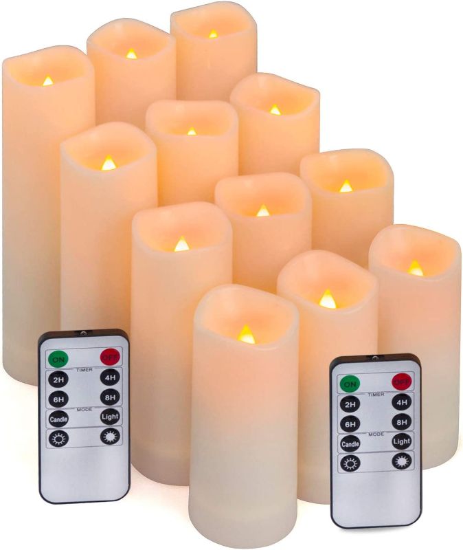 Photo 1 of Aignis Flameless Candles with Remote & 2/4/6/8H Timers, Outdoor Indoor Waterproof Remote Candles Battery Operated, Electric Led Candles 12pcs for Home/Wedding Decor (D 2.2" x H 4" 5" 6" 7")
