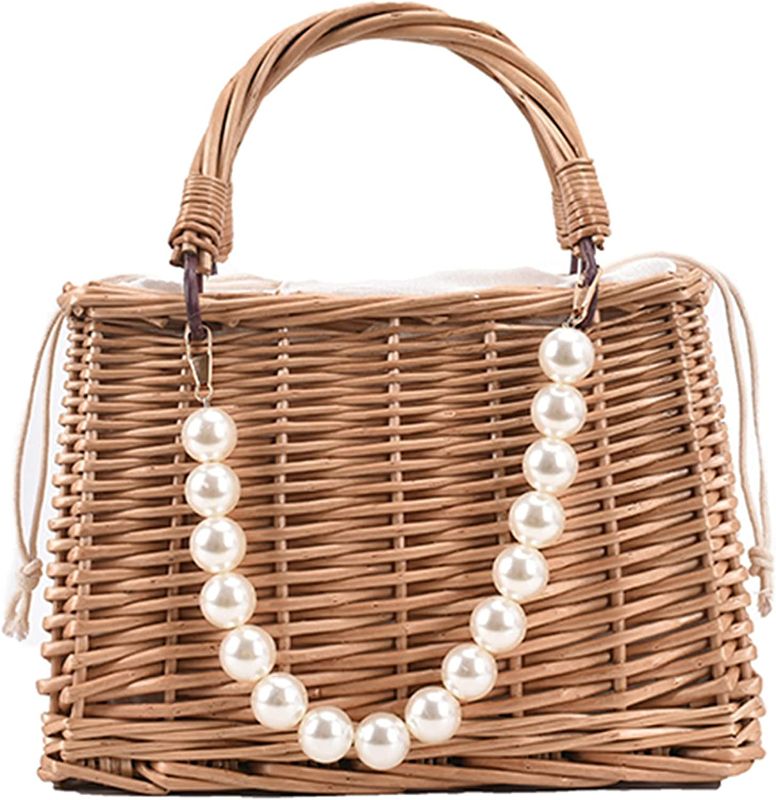 Photo 1 of Fashion Straw Bags for Women Beach Rattan Woven Tote Handbags Ladies Summer Top-handle Bags Hobo Purse with Pearl Ornaments
