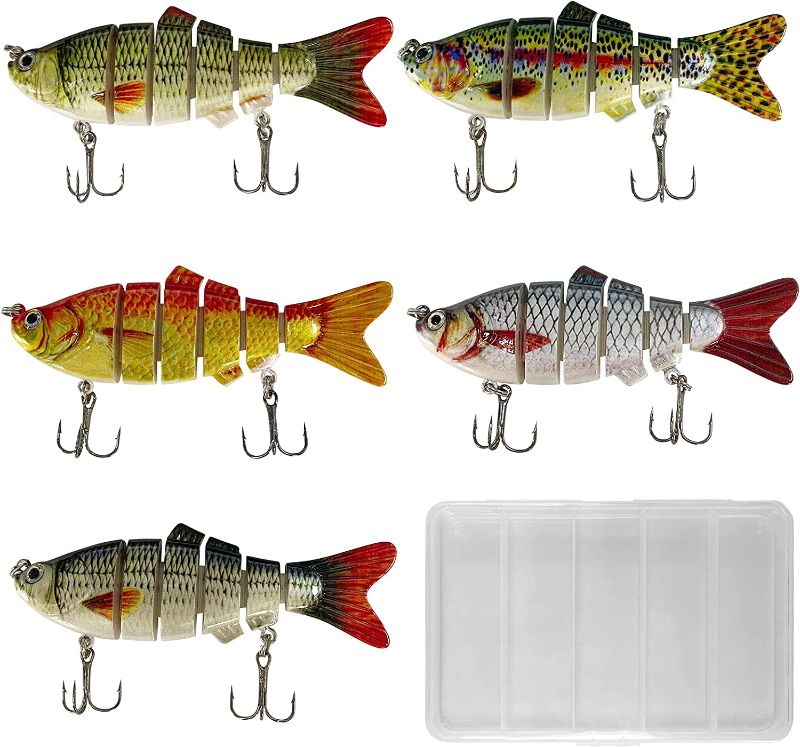 Photo 1 of 5 Pack Segmented Fishing Lures Kit Hook Sinking Swimbaits with Tackle Box, Freshwater Saltwater Bass Lifelike Fishing Lures Kit
