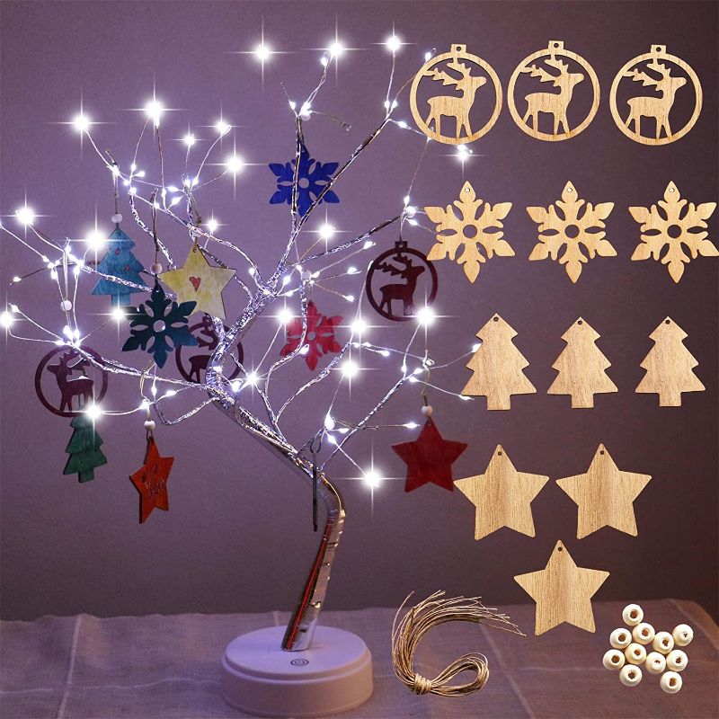 Photo 1 of AMARS 20inch LED Tabletop Christmas Tree Fairy Spirit Bonsai Tree Lamp with 12pcs Unfinished Wooden Christmas Ornaments Cutouts with Cord Mini Xmas Tree Decorations for Home, Kids, Gift
