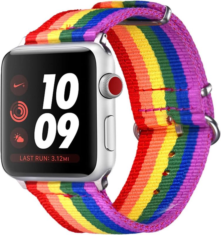 Photo 1 of Bandmax Compatible with Rainbow LGBT Apple Watch Bands 42MM 44MMN Nylon Fabric Sport Straps Women Men Gay Pride Replacement Wristband Accessories Metal Buckle Compatible with iwatch 7/6/5/4/3/2/1 FACTORY SEALED 
