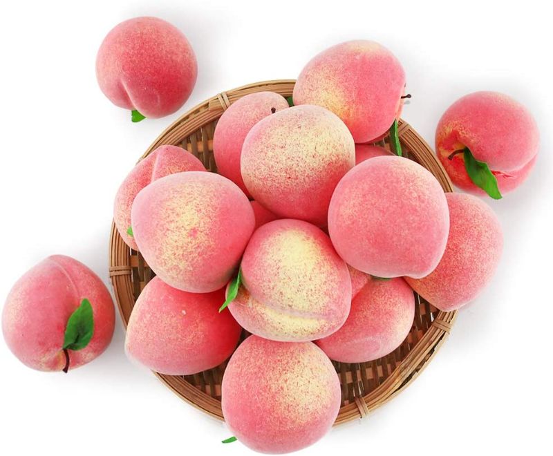 Photo 1 of BigOtters 16PCS Artificial Fruit Peach, Fake Peach Artificial Lifelike Peach with Leaves Simulation Pink Peach Photo Props Party Home Kitchen Decor Food Toy
