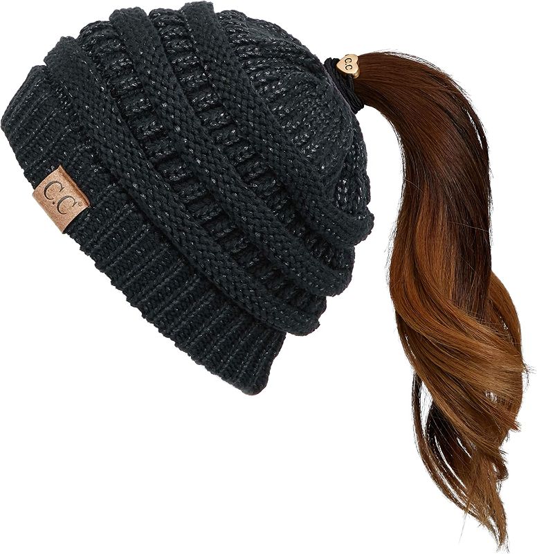 Photo 1 of 2 PCK C.C Exclusives Soft Stretch Cable Knit Messy Bun Ponytail Beanie Winter Hat for Women (MB-20A) 1 BLK 1 BLUE

