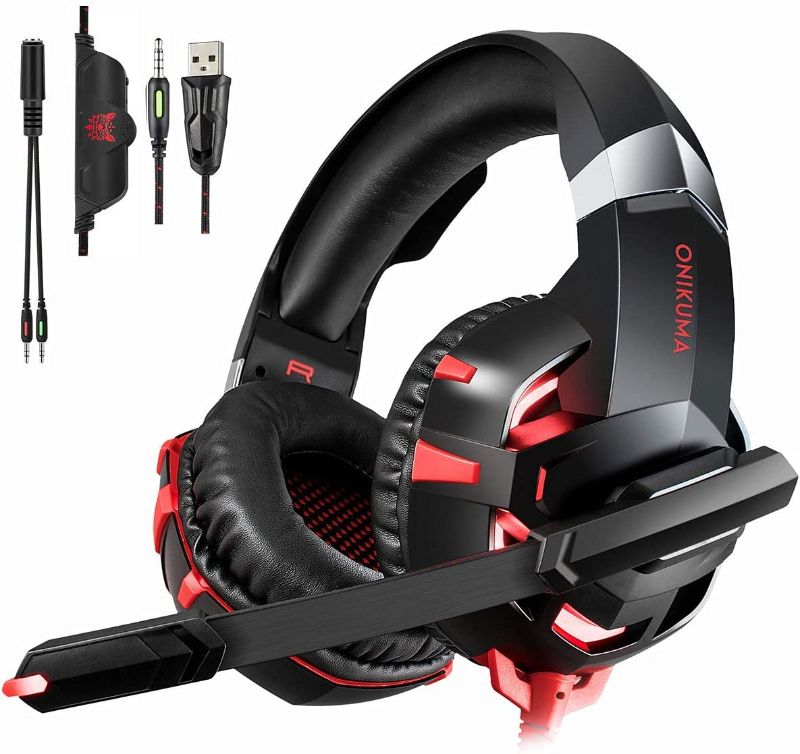 Photo 1 of Gaming Headset for PS4 New Xbox one PC Mac Laptop, Professional 3.5mm Over Ear Headphones, Stereo USB Headset with LED Light and Noise canceling Mic for Games by Runying (Red)
