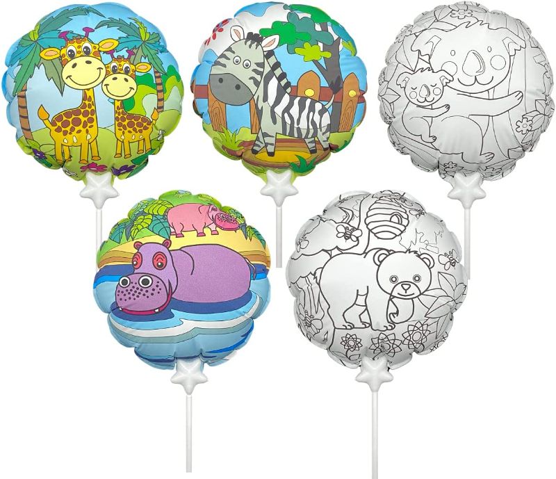 Photo 1 of 5 Animals Coloring Balloons Magic Science Auto Inflatable, Painting Gift for Kids, Giraffe, Bear, Zebra, Hippo and Koala with Sticks, 7.5", Pack of 5 (Animal) FACTORY SEALED 
