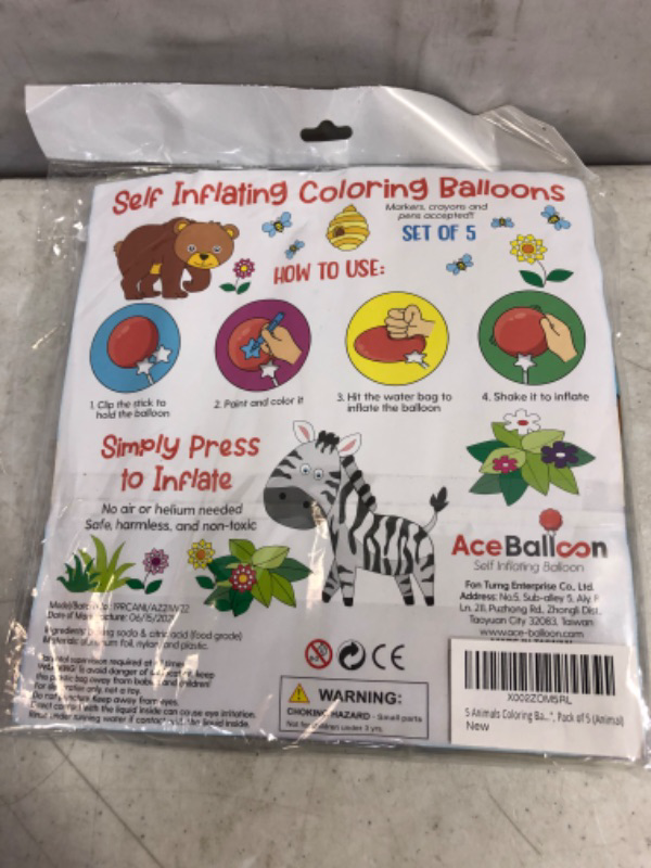 Photo 3 of 5 Animals Coloring Balloons Magic Science Auto Inflatable, Painting Gift for Kids, Giraffe, Bear, Zebra, Hippo and Koala with Sticks, 7.5", Pack of 5 (Animal) FACTORY SEALED 
