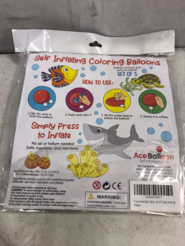 Photo 1 of 5 Sea Animals Coloring Balloons Magic Science Auto Inflatable, Painting Gift for Kids, Shark, Dolphin, Octopus, Tropical fish and Turtle with Sticks, 7.5", Pack of 5 (Sea Animal) FACTORY SEALED 
