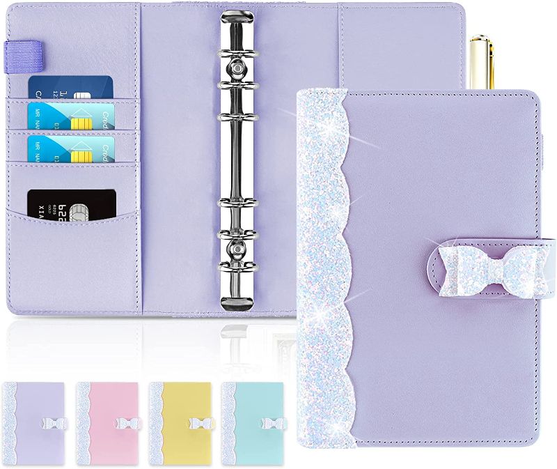 Photo 1 of A6 Binder, Shiny Budget Binder, Refillable 6 Ring Mini Binder for A6 Filler Paper, Leather Binder Cover with Magnetic Buckle Closure, Purple