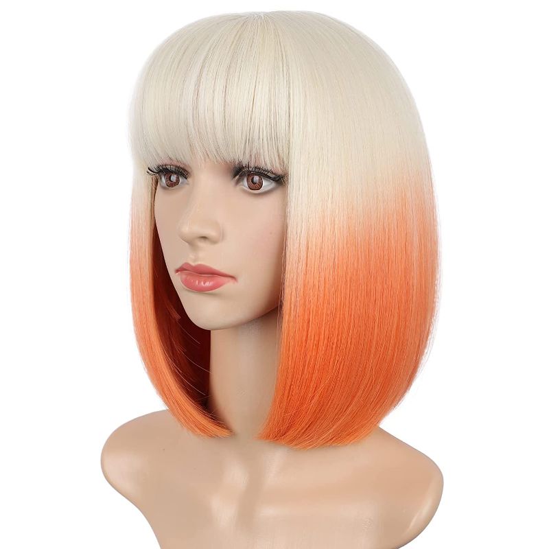 Photo 1 of CHRSHN Orange Bob Wig Bob wig with Bangs Short shoulder length Blonde Wig Colorful Costume Wigs Ombre Orange Wigs for Women Synthetic Natural Wig
