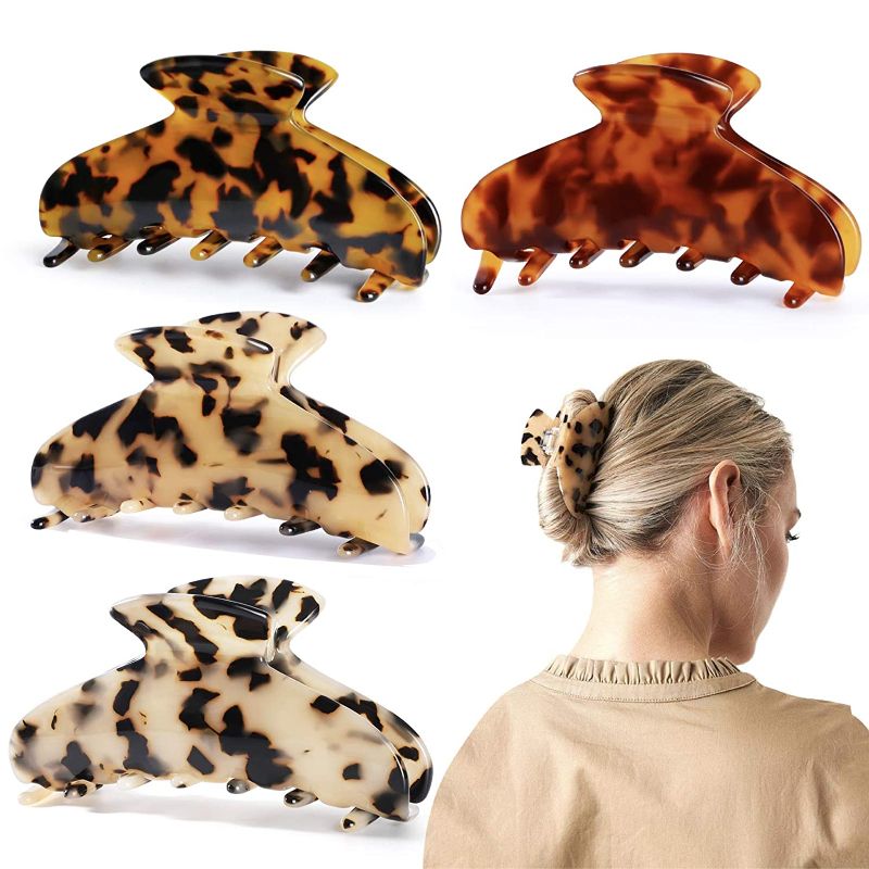 Photo 1 of Big Hair Claw Clips, 3.8 Inch Celluloid Tortoise Hair Clips, vintage Leopard Print French Claw Clips for 90s hairstyle, Strong Hold 4 Pcs Hair Styling Jaw Clamps for Women Girls Thick Hair (Set 5)
