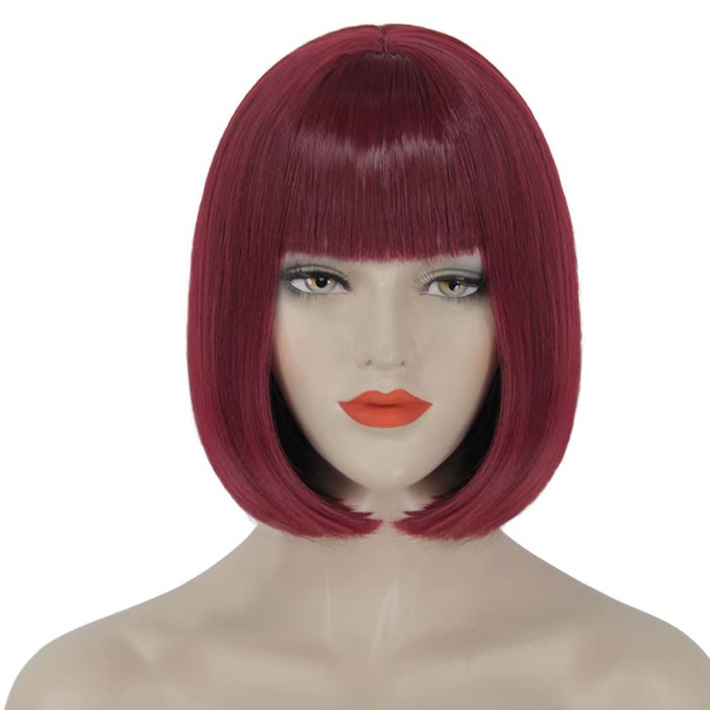 Photo 1 of Bopocoko Wine Red Wigs for Women, 12'' Short Burgundy Bob Hair Wig with Bangs, Natural Synthetic Wig with Realistic Scalp, Cute Wigs for Daily Party BU239BU
