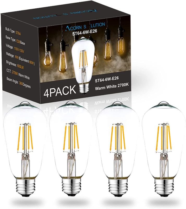 Photo 1 of AcornSolution Vintage LED Edison Bulb 6W, Equivalent 60W, Warm White 2700K, ST64 Antique LED Filament Bulbs, E26 Medium Base, Pack of 4
