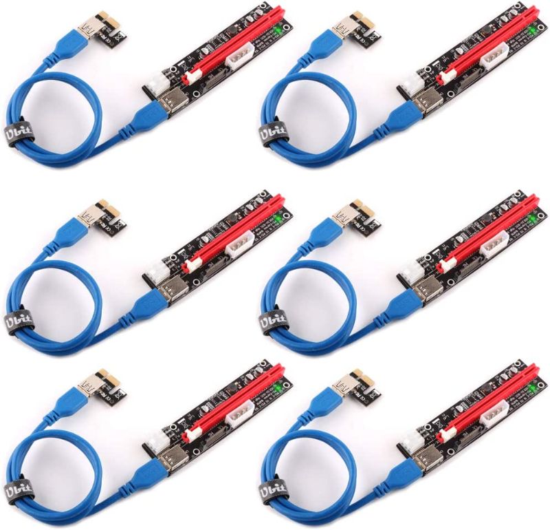 Photo 1 of Ubit 6 Pack Latest GPU PCI-E Riser Express Cable 16X to 1X (6pin / MOLEX/SATA) with Led Graphics Extension Ethereum ETH Mining Powered Riser Adapter Card
