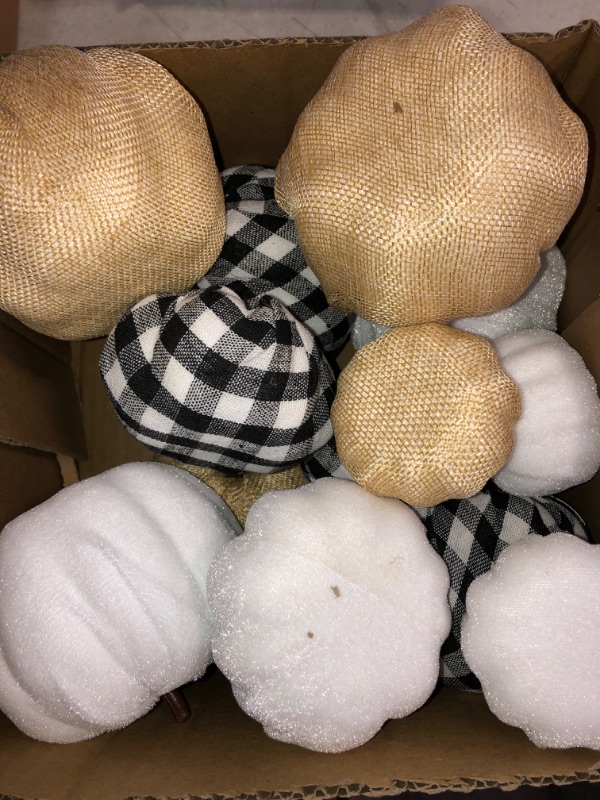 Photo 2 of 16 Pcs Artificial Pumpkins Assorted Fall Pumpkins White Pumpkins Burlap Pumpkins Rustic Pumpkins for Fall Harvest Thanksgiving Halloween Fireplace Decorations
