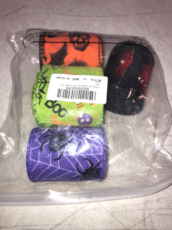 Photo 2 of 4 Rolls 20 Yards Halloween Wired Edge Ribbon Spider Pumpkin Pattern Grosgrain Ribbon Spider Web Printed Wired Ribbon Skull Bats Printed Wrapping Ribbon for Halloween Wreaths and DIY Crafts, 2.5 Inch