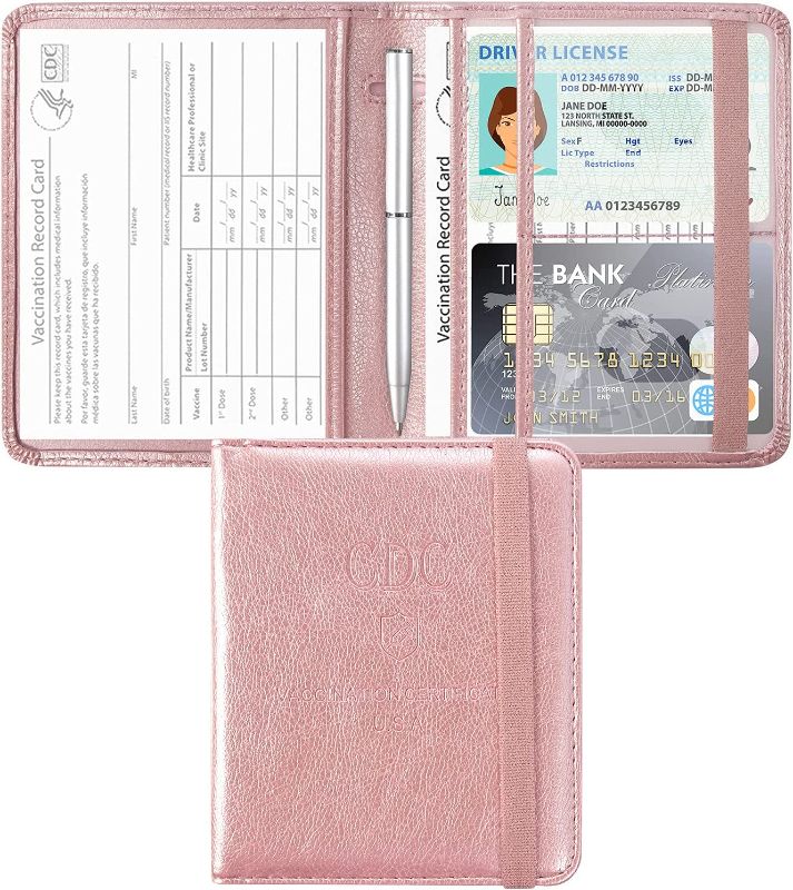 Photo 1 of 2 pack ACdream Vaccine Card Holder, PU Leather 4x3 CDC Vaccination Immunization Record Protector Wallet, Waterproof Vax Certificate Clear Sleeve Protective Case, with Credit Cards Slots - Rose Gold
