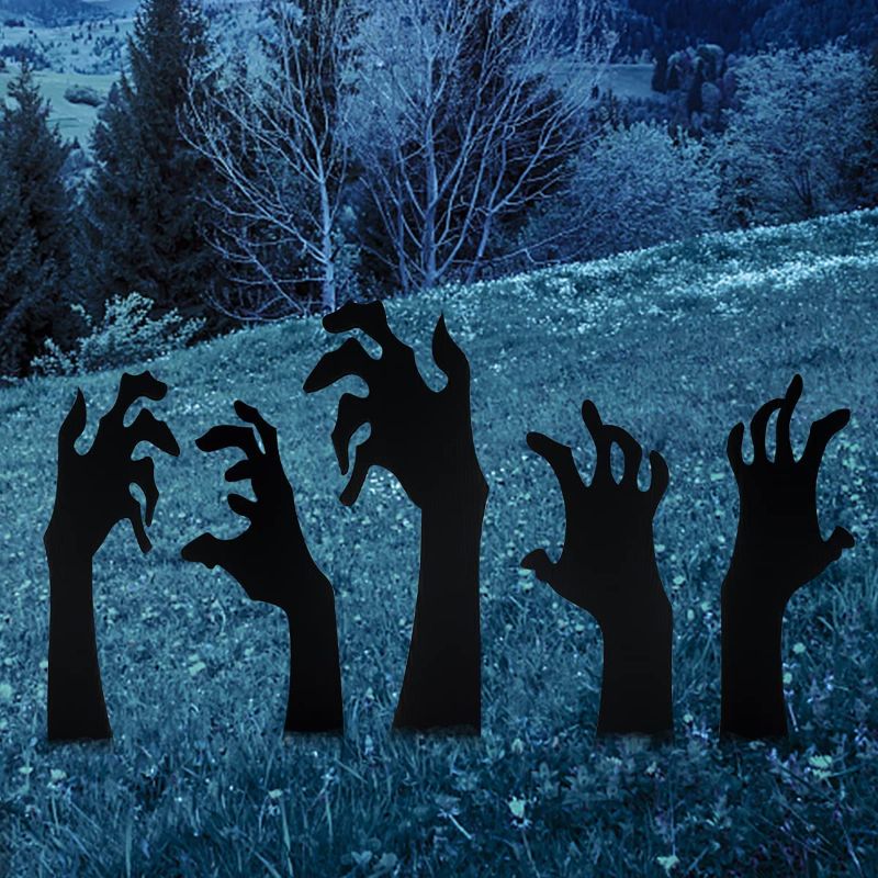 Photo 1 of  5 Pack Halloween Black Hands Yard Signs with Stakes Scary Silhouette Halloween Decorations for Outdoor Yard Lawn Garden Halloween Decor