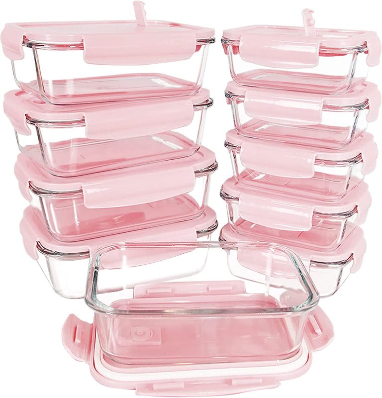 Photo 1 of [10 Packs, 20 Pieces] Glass Food Storage Containers with Lids (Built in Vent), Airtight Meal Prep Containers, Glass Bento Boxes for Home Kitchen, BPA Free & Leak Proof (10 lids & 10 Containers) - Pink
