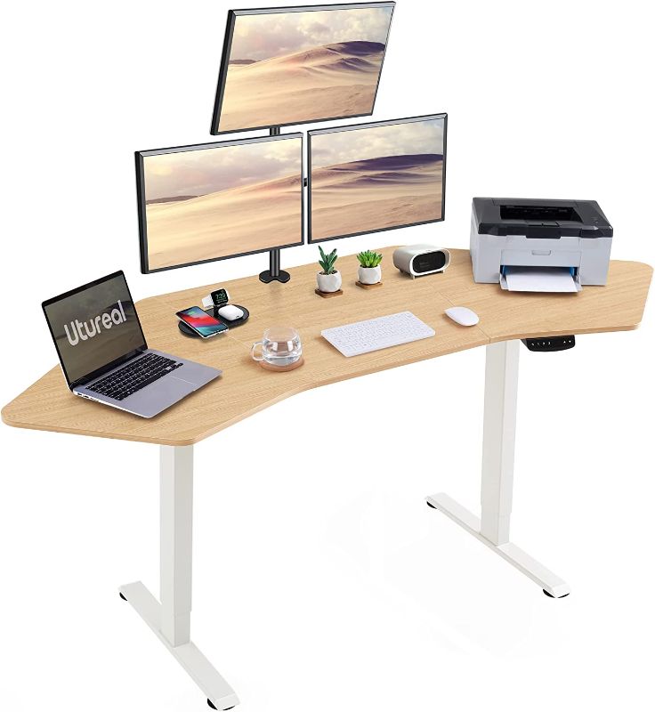 Photo 1 of Utureal 71" Electric Corner Standing Desk, Wing Shape Height Adjustable Desk for Home Office, Dual Motor Stand Up Computer Desk, L Shaped Motorized Sit Stand Workstation, Oak Table Top, White Frame
