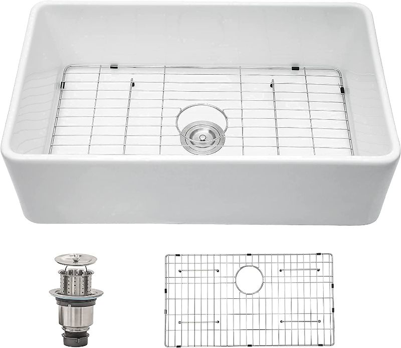 Photo 1 of 33 White Farm Sink, Dcolora 33 x 20 Inch Farmhouse Kitchen Sink Apron Front White Ceramic Porcelain Fireclay Single Bowl Farmer Kitchen Sink Basin (33"x20"x10")
