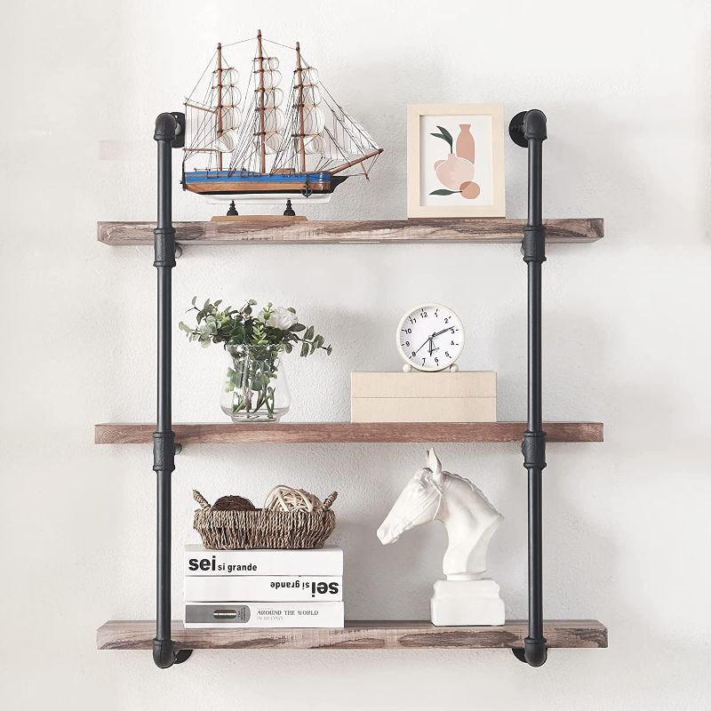 Photo 1 of 31.5-inch Industrial Pipe Shelf, 3-Shelf Metal Bookcases Furniture, Retro Brown