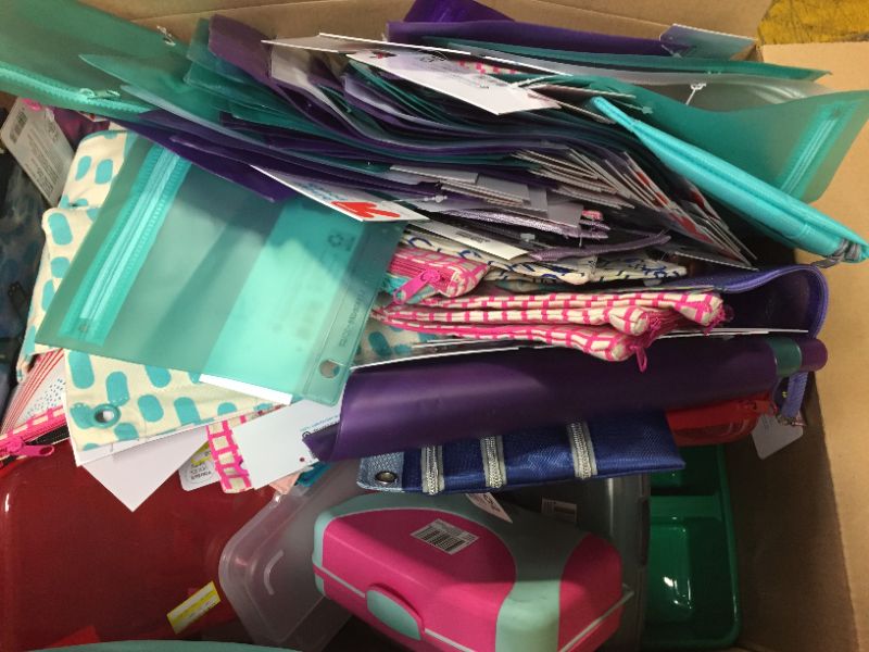 Photo 1 of 12x18in box filled with misc school items 
maily pencil holding bags 
