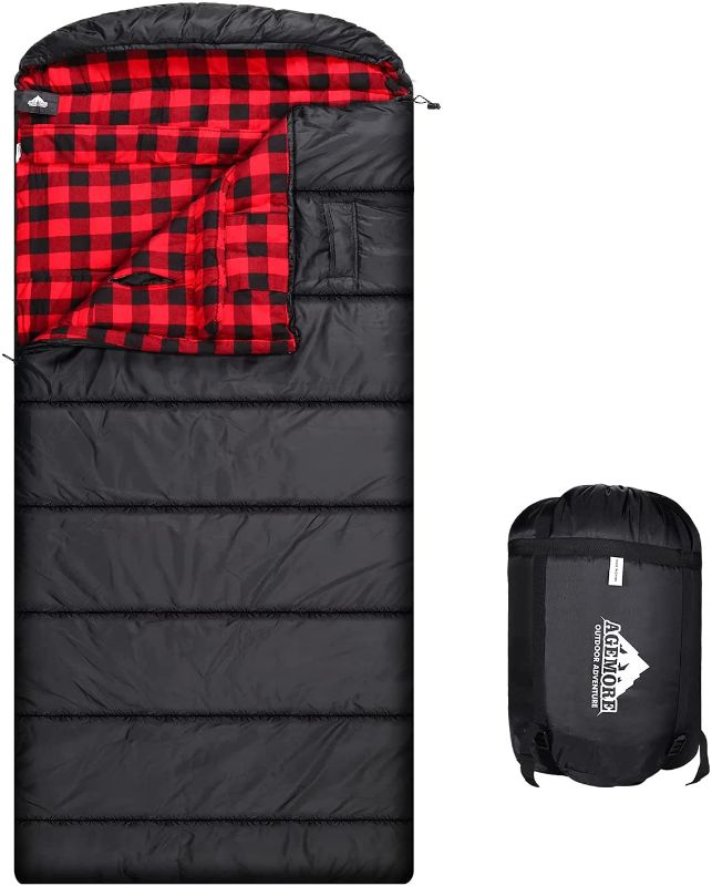 Photo 1 of AGEMORE Cotton Flannel Sleeping Bag XL for Camping, Envelope Sleeping Bags for Adults 91"X35", Great for 3-4 Season Traveling, Hiking & Outdoor Activities, Waterproof Comfort with Compression Sack
