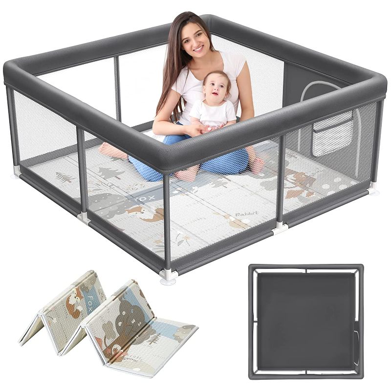 Photo 1 of Baby Playpen with Mat, Small Baby Play Pen(47x47inch), Playpen for Babies and Toddlers, Baby Pen for Apartment, Play Yard for Baby, Baby Fence Play Area Playyard Activity Center (Dark Gray)