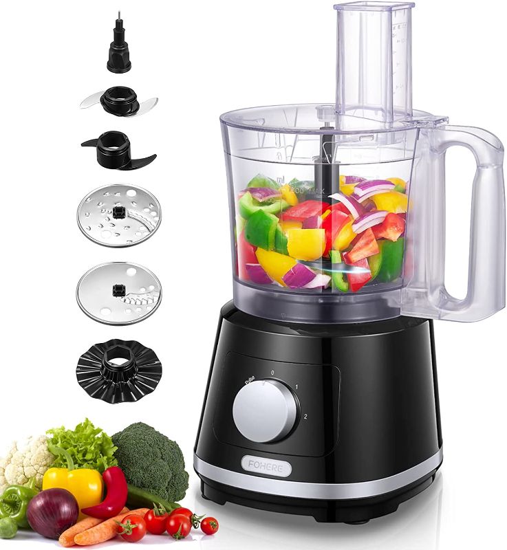 Photo 1 of FOHERE Food Processor 8 Cup Food Chopper With Five Stainless Steel & BPA Free Accessories - Chopping, Slicing, Shredding and Whisking, 2 Speeds and Pulse Function, Black
