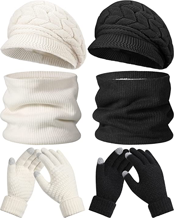 Photo 1 of JaGely 6 Pcs Women Winter Hat Gloves Scarf Set, Knit Hat Touchscreen Gloves Mittens Neck Warmer Set Fleece Lined Slouchy Hats Cap with Visor, 2 Color(Black, White), One Size