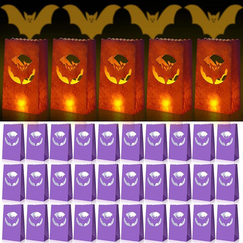 Photo 1 of 48 Pieces Halloween Luminary Paper Bags Flame Resistant Candle Bags 10.4 x 6 Inch Halloween Candle Holder Bag with Bat Silhouette Luminary Paper Bag for...
