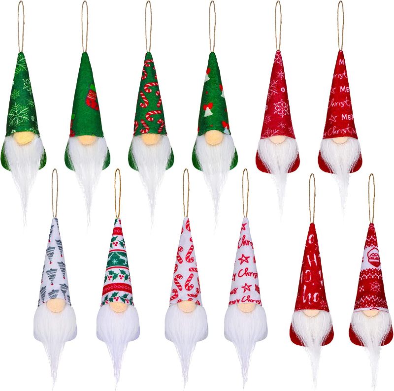 Photo 1 of 12 Pieces Christmas Tree Gnome Ornaments Handmade Hanging Decorations Scandinavian Swedish Plush Tomte Gnome Xmas Santa Elf Stuffed Dolls for Home Holiday Party Favors (Happy Style)
