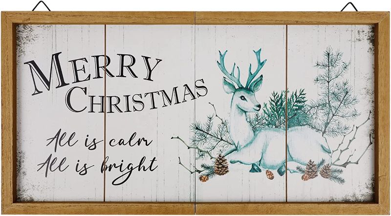 Photo 1 of  Merry Christmas Wooden Sign Wall Decor, 20" x 10.4" Foldable Hanging Decorative Sign Christmas Decorations, Reindeer Wall Art for Home Kitchen Living Room Fireplace Indoor Holiday Decor