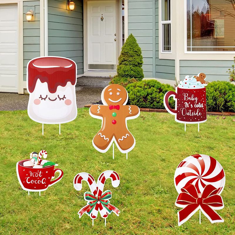 Photo 1 of 6 Pcs Christmas Yard Signs with Stakes Outdoor Christmas Decorations Yard Lawn Cute Signs Holiday Decor for Outside Home Garden Party Decor
