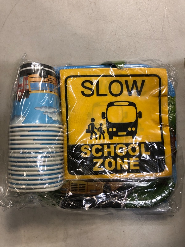Photo 1 of Antsparty School Bus Party Plates Cups and Napkins 16 Guests, Back to School Party Table Supplies Kindergarten Decorations