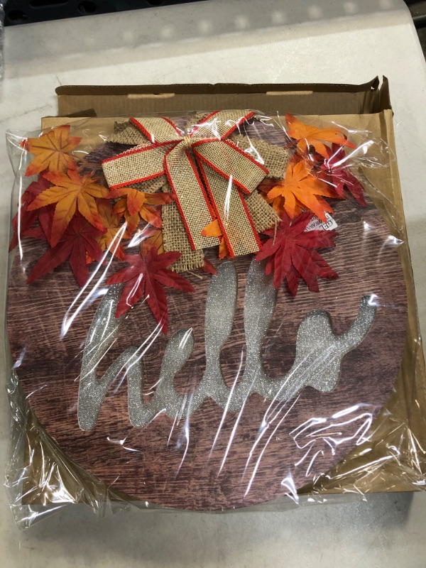 Photo 2 of [ Lighted & Timer ] Thanksgiving Fall Wreath for Front Door Decor Hello Sign Maple Leaves Battery Operated Wooden Hanging Sign Autumn Harvest Thanksgiving Indoor Outdoor Wall Home Decorations