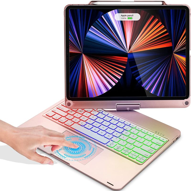 Photo 1 of iPad Pro 12.9 inch 6th Generation 2022 Case with Keyboard and Touchpad, Compatible with iPad Pro 12.9-inch 5th Gen 2021/4th Gen 2020/3rd Gen 2018, Rainbow Backlits & Apple Pencil Charging - Rose Gold